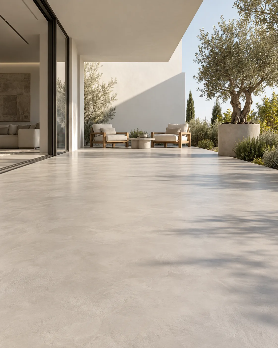 AI-generated design inspiration for a minimalist seamless microtopping terrace