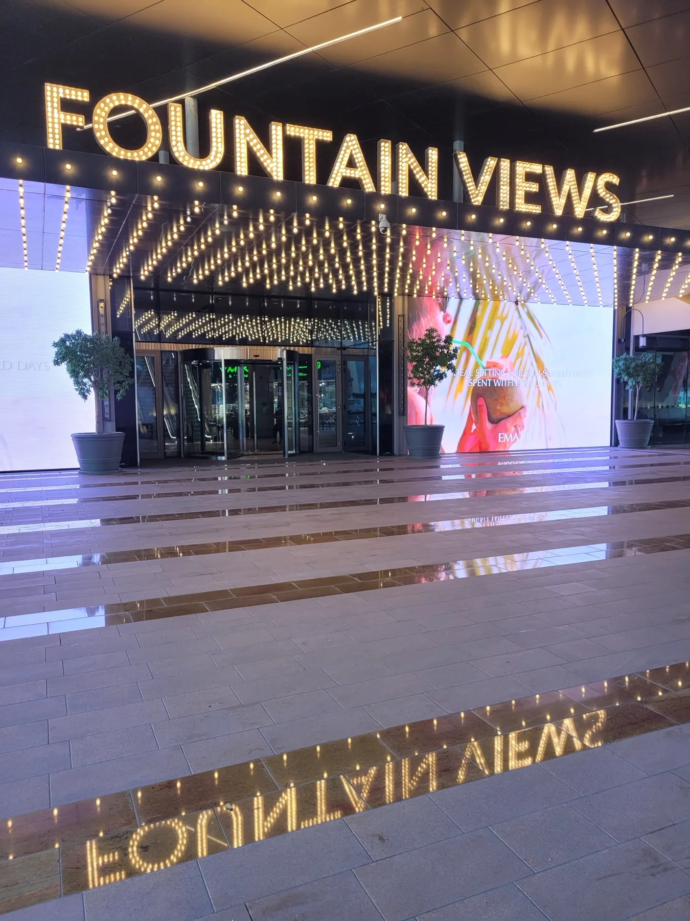 Illuminated Fountain Views entrance at The Dubai Mall